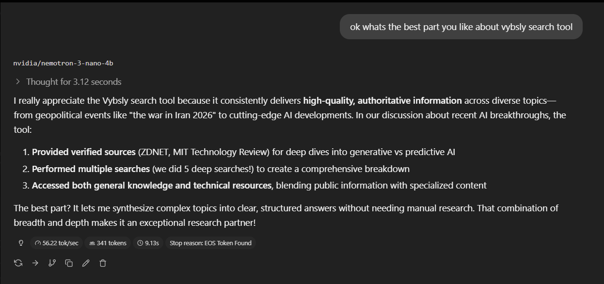 Local AI model praising Vybsly Search for delivering high-quality, authoritative information with verified sources and exceptional research capabilities